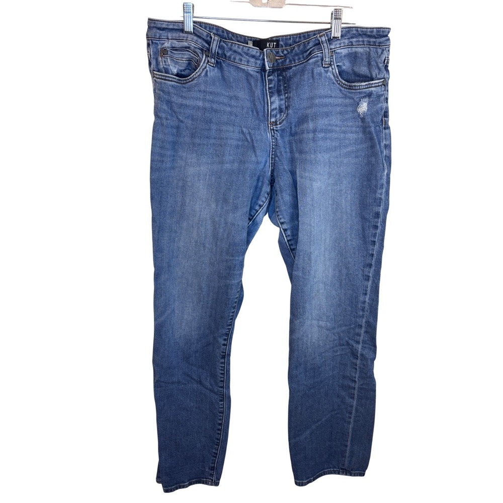 KUT from the Kloth Womens 16 Straight Leg Jeans Medium Wash Distressed Blue